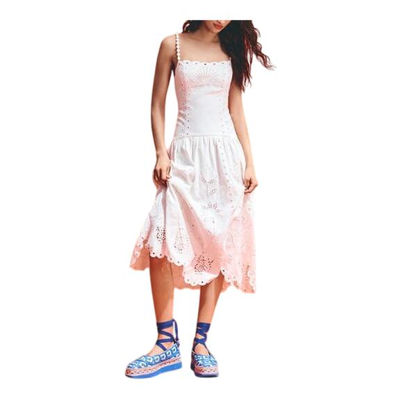 Farm Rio 'Richilieu' Off-White Linen Sleeveless Eyelet Midi Dress Size S - NWT - Picture 1 of 6